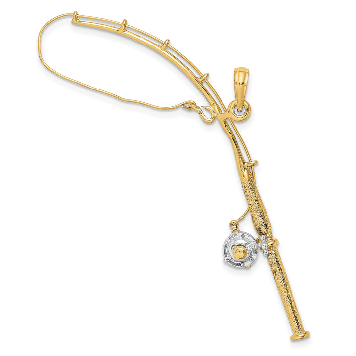 10K Yellow Gold Large 3-D Moveable Fishing Pole with Reel Pendant