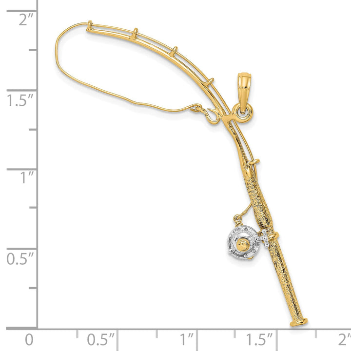 10K Yellow Gold Large 3-D Moveable Fishing Pole with Reel Pendant