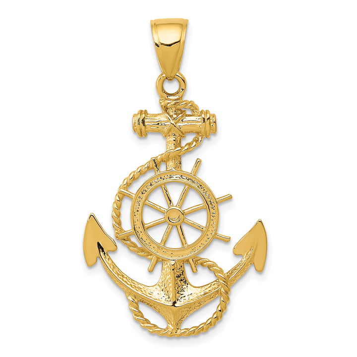 10K Yellow Gold Large Anchor with Ships Wheel and Rope Pendant