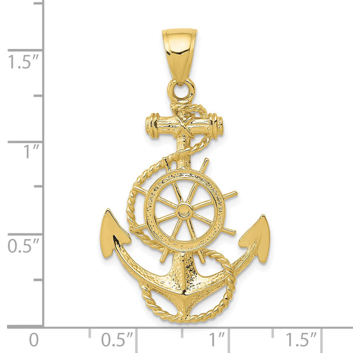 10K Yellow Gold Large Anchor with Ships Wheel and Rope Pendant