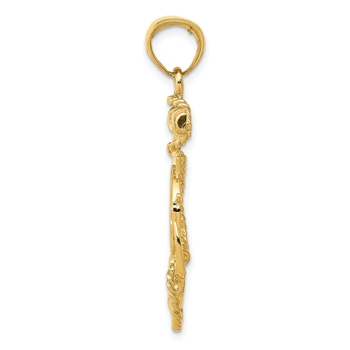 10K Yellow Gold Large Anchor with Ships Wheel and Rope Pendant
