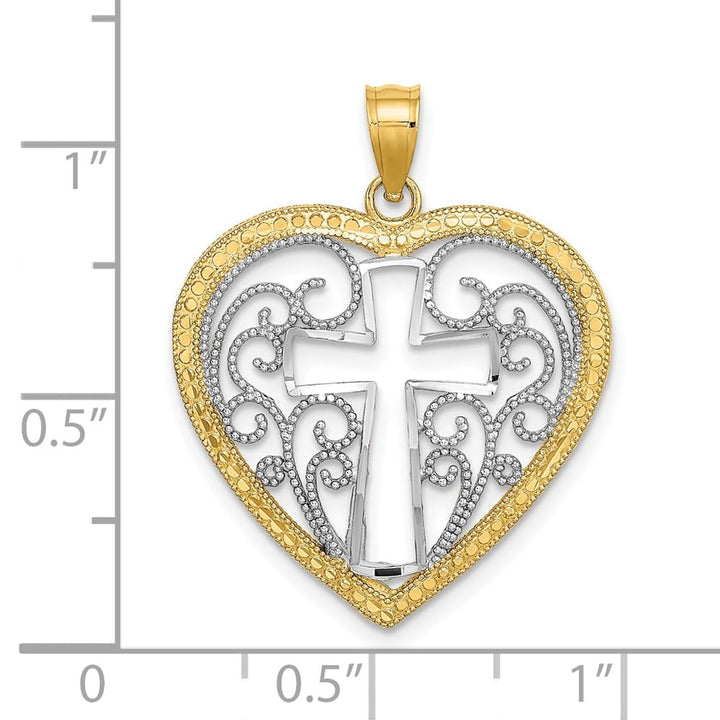 10K Yellow Gold Large Cut-Out Cross in Beaded Filigree Heart Charm