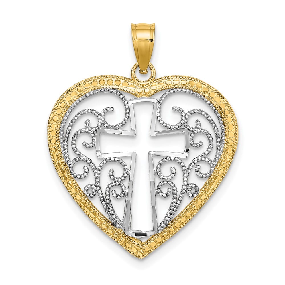 10K Yellow Gold Large Cut-Out Cross in Beaded Filigree Heart Charm