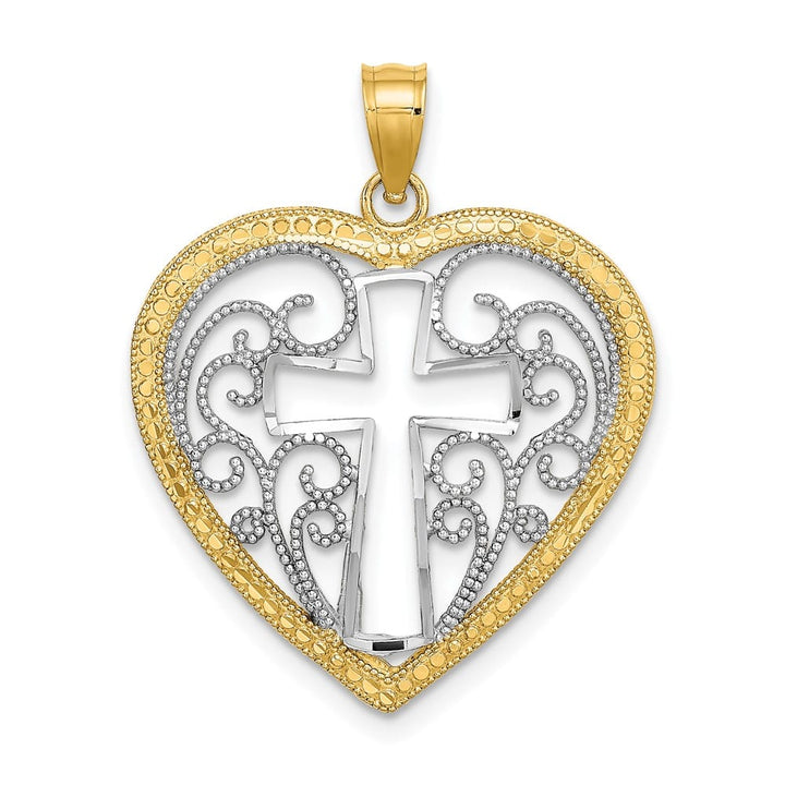 10K Yellow Gold Large Cut-Out Cross in Beaded Filigree Heart Charm