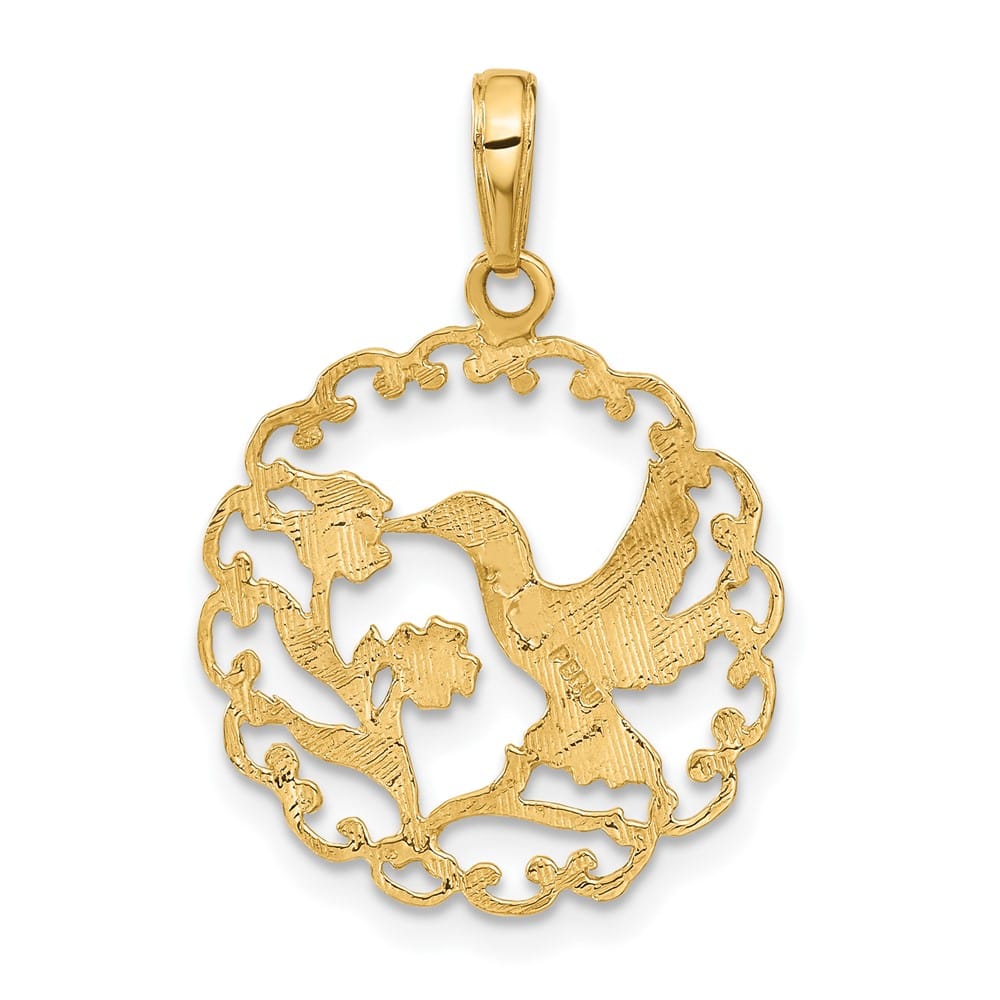 10K Yellow Gold Large Hummingbird with Flower in Round Frame Pendant