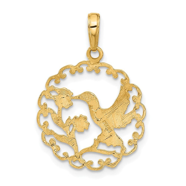 10K Yellow Gold Large Hummingbird with Flower in Round Frame Pendant
