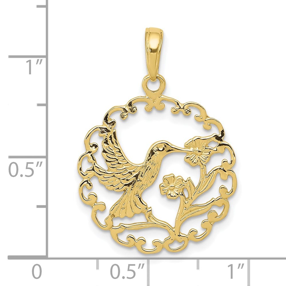 10K Yellow Gold Large Hummingbird with Flower in Round Frame Pendant