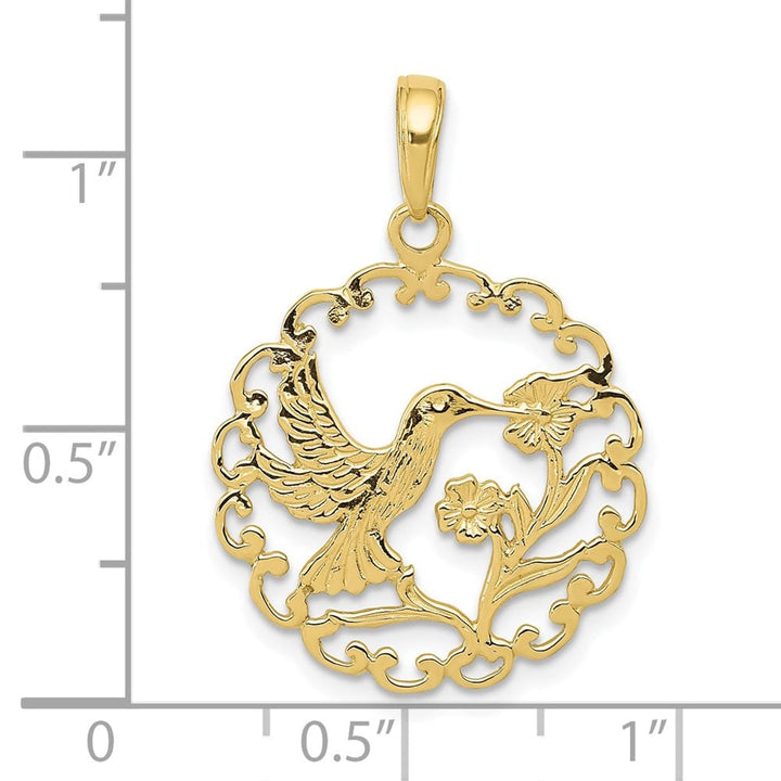 10K Yellow Gold Large Hummingbird with Flower in Round Frame Pendant