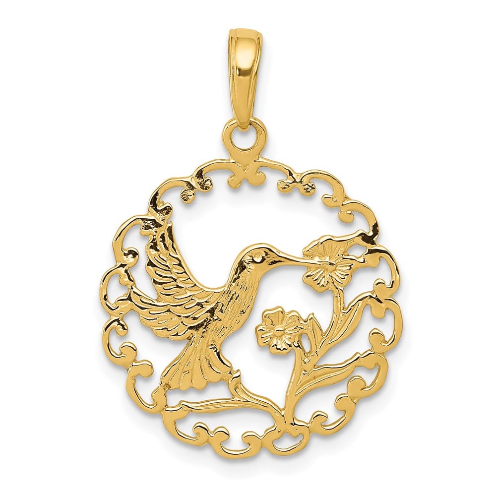 10K Yellow Gold Large Hummingbird with Flower in Round Frame Pendant