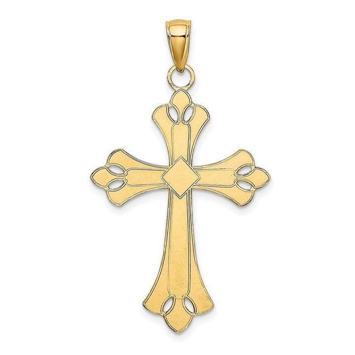 10K Yellow Gold Large Scalloped Edges Fleur de Lis Cross Pendant
