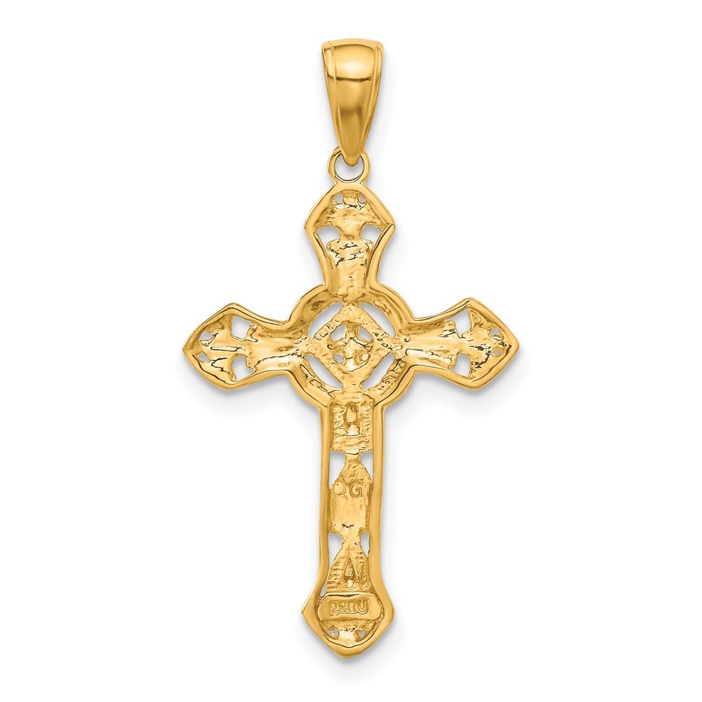 10K Yellow Gold Large Stick Fleur de Lis Cross on Ornate Cross Pendant