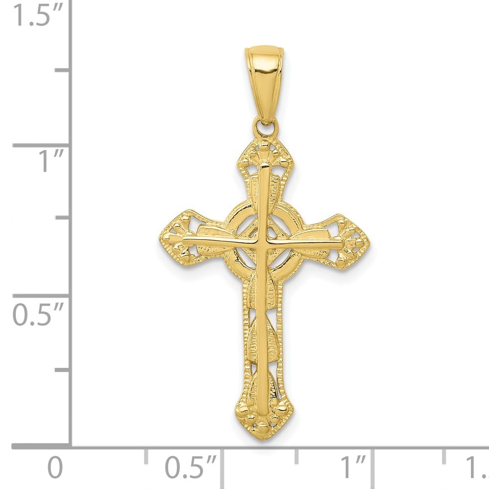 10K Yellow Gold Large Stick Fleur de Lis Cross on Ornate Cross Pendant