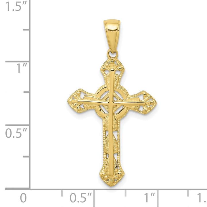 10K Yellow Gold Large Stick Fleur de Lis Cross on Ornate Cross Pendant