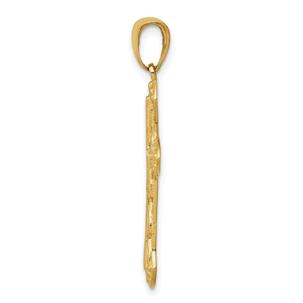 10K Yellow Gold Large Stick Fleur de Lis Cross on Ornate Cross Pendant