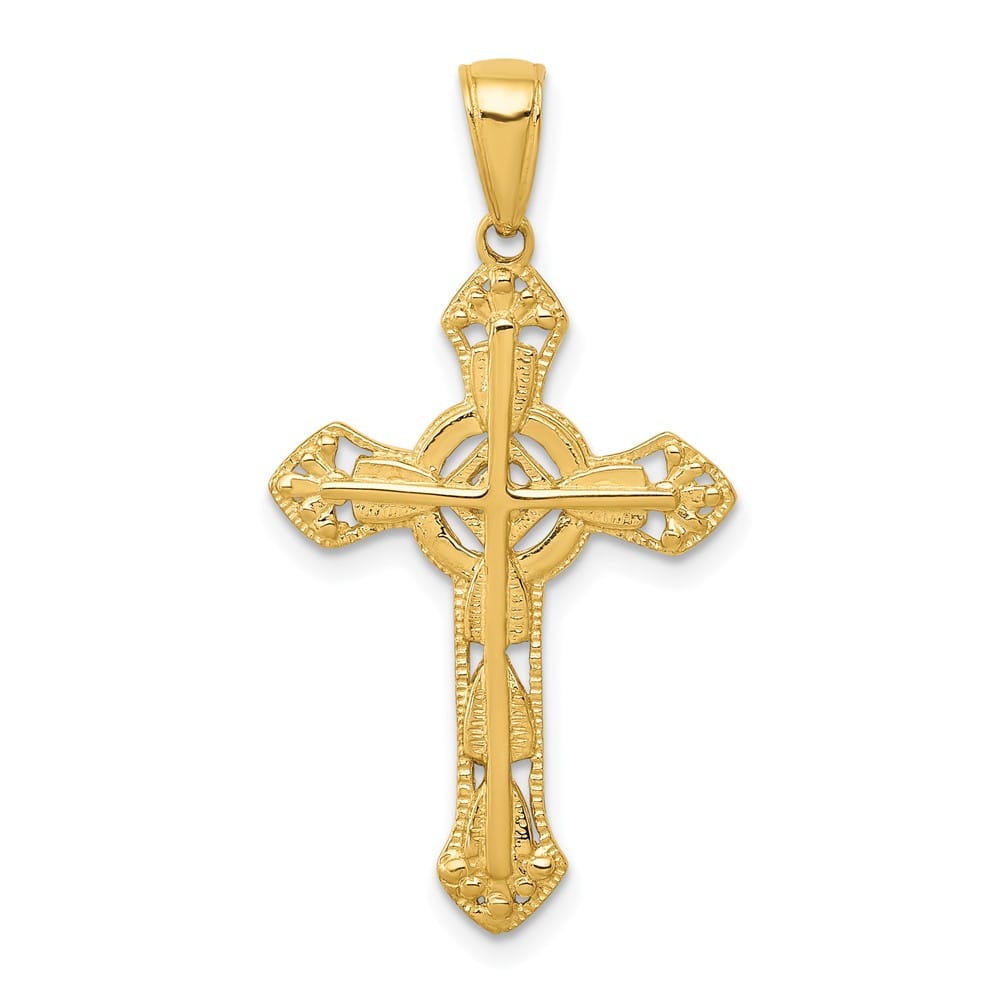10K Yellow Gold Large Stick Fleur de Lis Cross on Ornate Cross Pendant