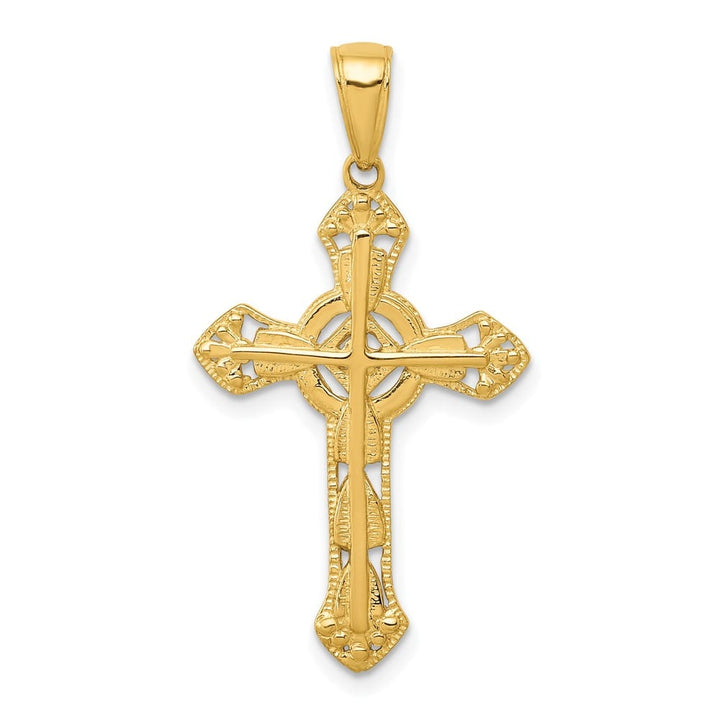 10K Yellow Gold Large Stick Fleur de Lis Cross on Ornate Cross Pendant