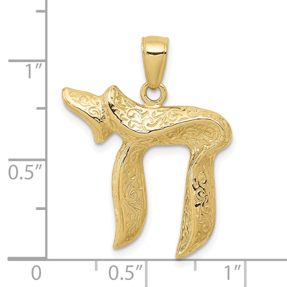 10K Yellow Gold Large Textured Jewish Chai (Long Life) Pendant