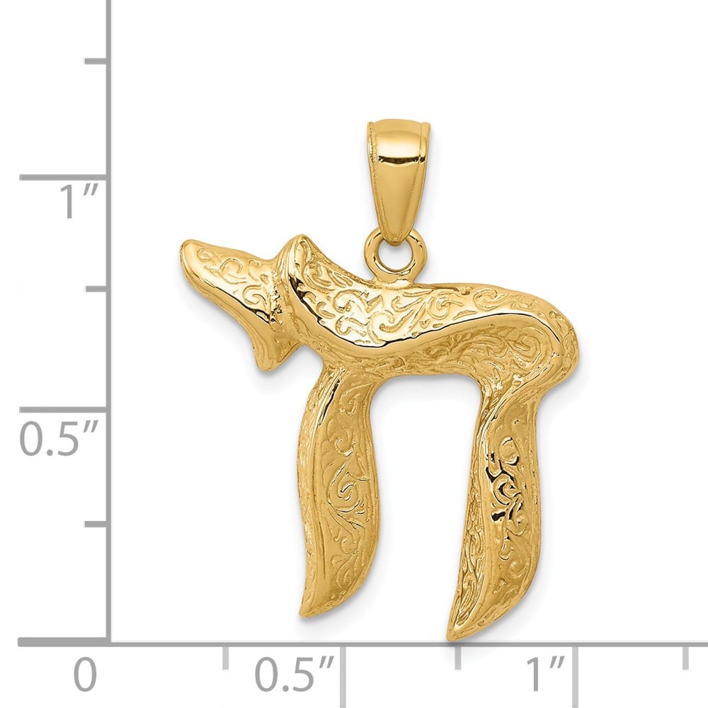 10K Yellow Gold Large Textured Jewish Chai (Long Life) Pendant