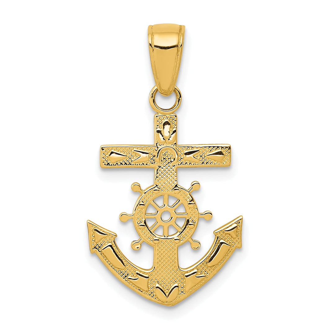 10K Yellow Gold Mariners Cross / Anchor with Ships Wheel Pendant