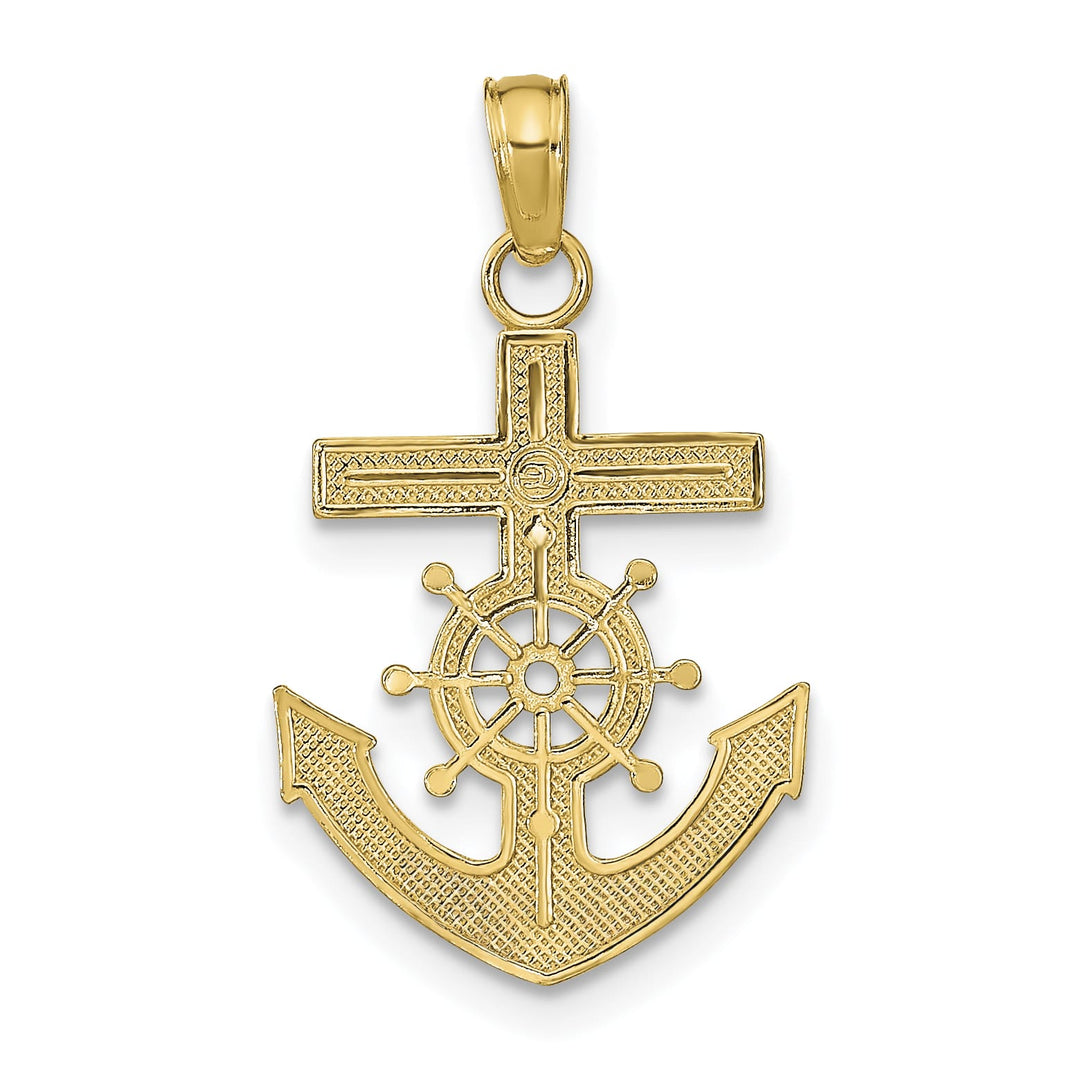 10K Yellow Gold Mariners Cross / Anchor with Ships Wheel Pendant