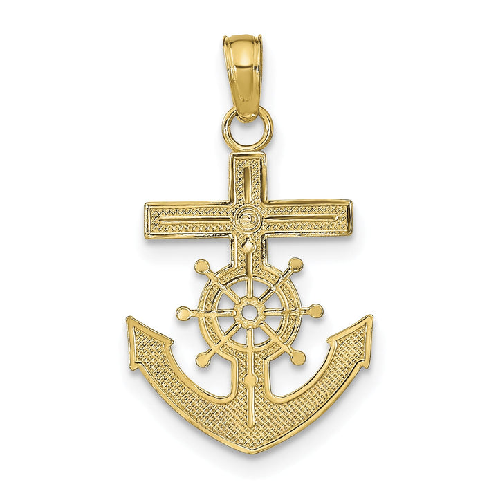 10K Yellow Gold Mariners Cross / Anchor with Ships Wheel Pendant