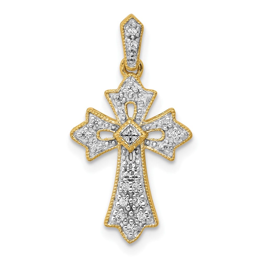 10K Yellow Gold Medium 1/10 ct Diamond Fleur de Lis Cross Pendant