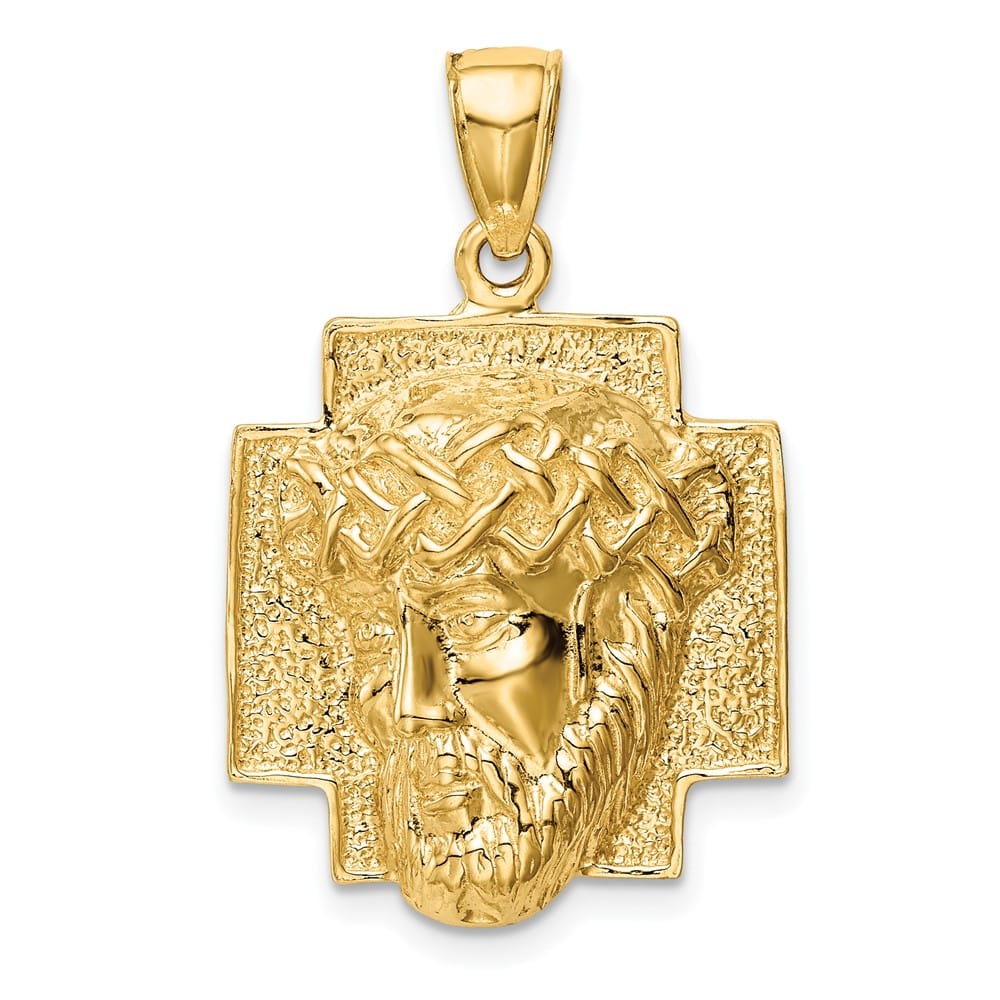 10K Yellow Gold Medium 2-D Jesus Head with Crown of Thorns Pendant