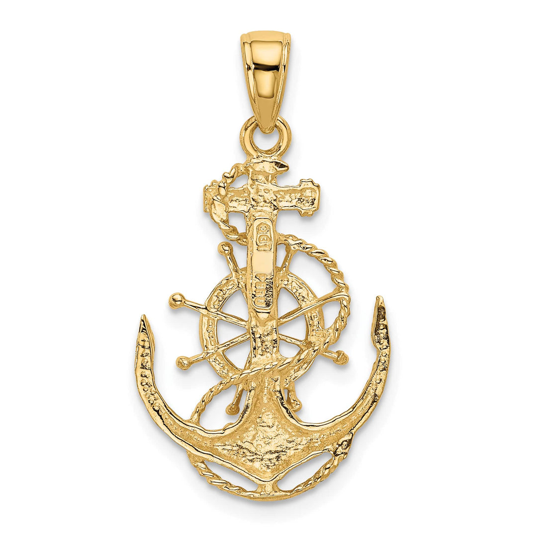 10K Yellow Gold Medium Anchor with Ships Wheel and Rope Pendant