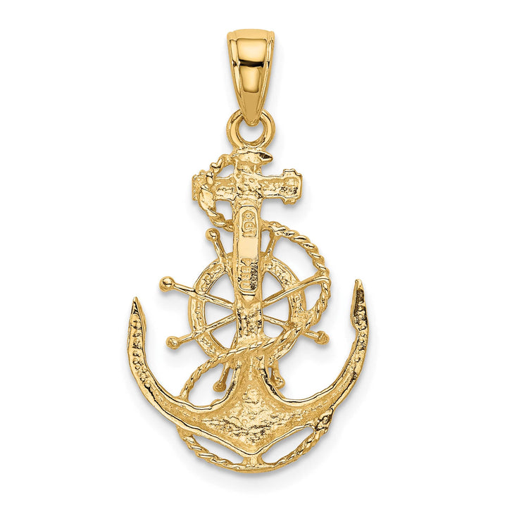 10K Yellow Gold Medium Anchor with Ships Wheel and Rope Pendant