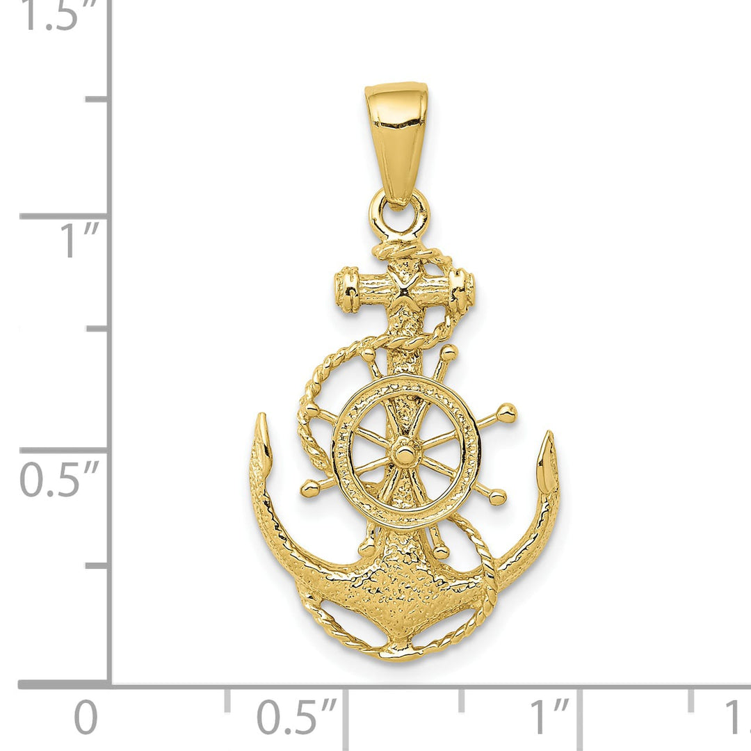 10K Yellow Gold Medium Anchor with Ships Wheel and Rope Pendant