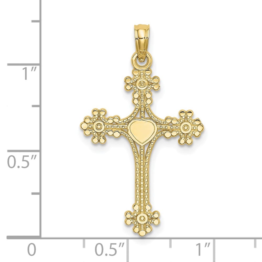 10K Yellow Gold Medium Beaded Tip Budded Cross with Heart Center Charm