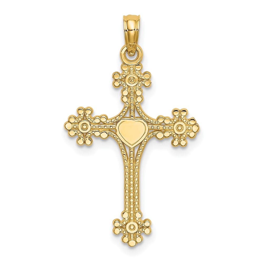10K Yellow Gold Medium Beaded Tip Budded Cross with Heart Center Charm