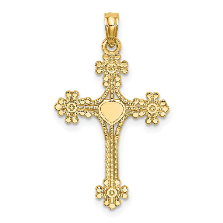 10K Yellow Gold Medium Beaded Tip Budded Cross with Heart Center Charm