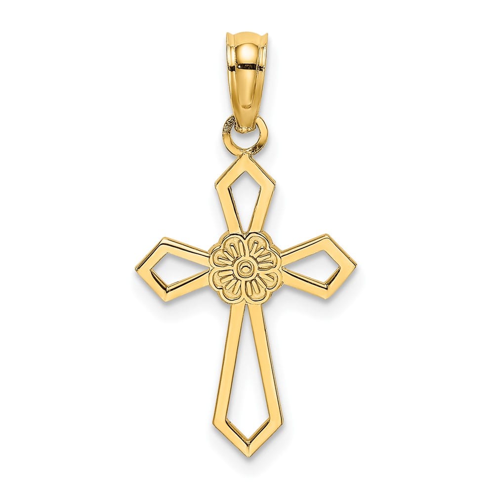10K Yellow Gold Medium Cut-Out Flat Cross with Flower Center Charm