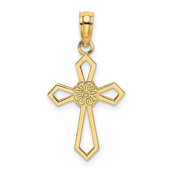10K Yellow Gold Medium Cut-Out Flat Cross with Flower Center Charm