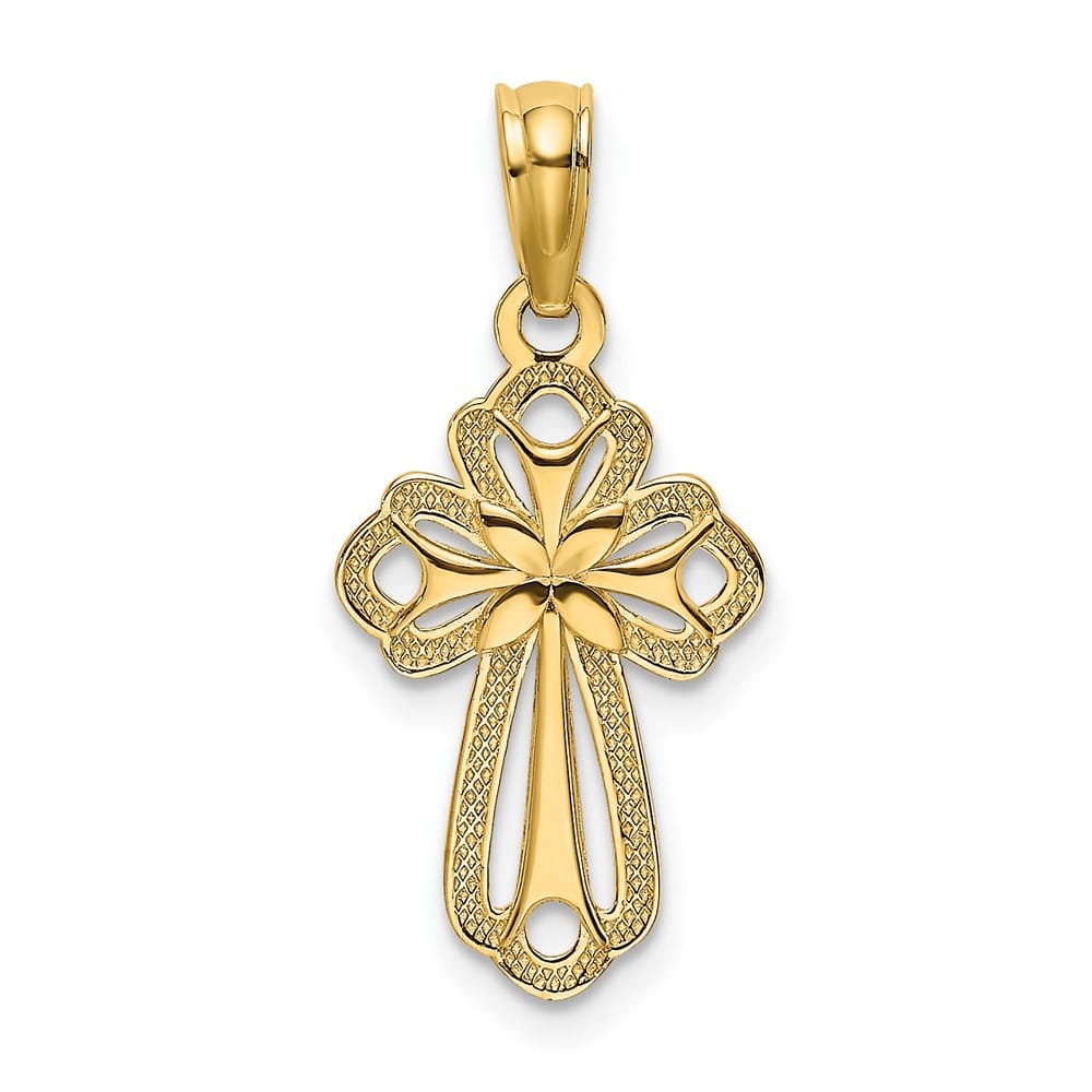 10K Yellow Gold Medium Cut-Out Polished Textured Budded Cross Charm