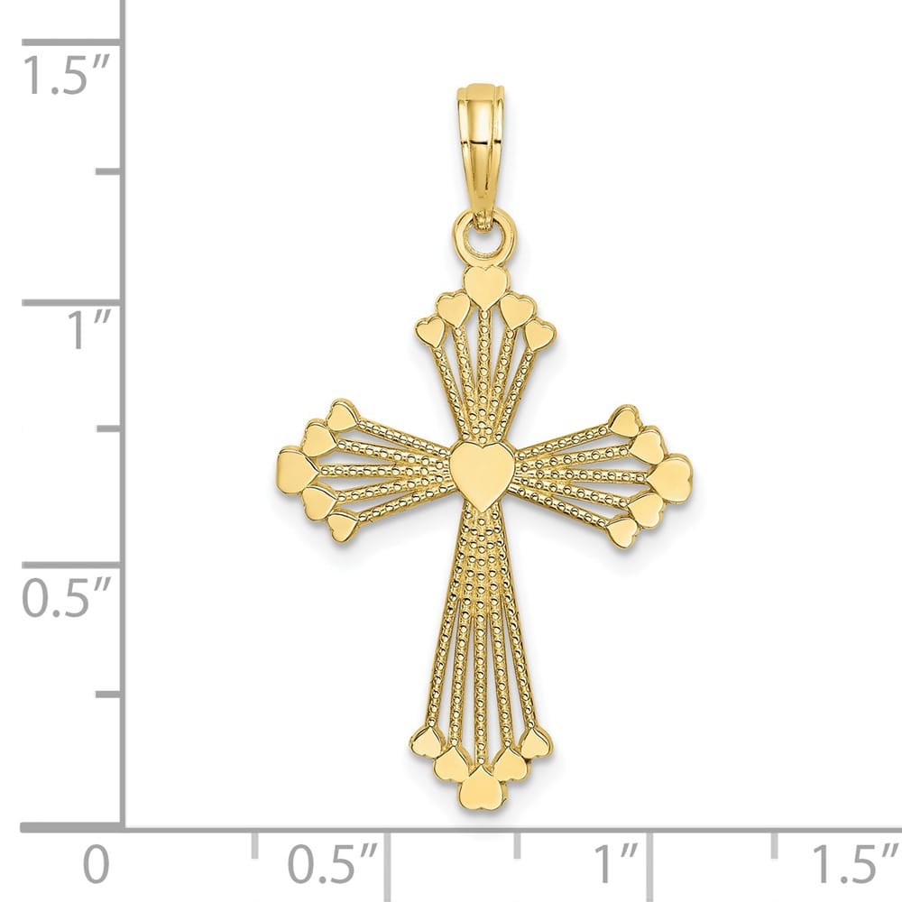 10K Yellow Gold Medium Cut-out Striped Cross with Heart Center Charm