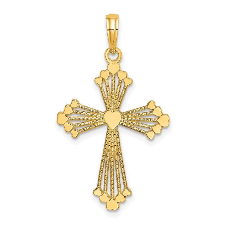 10K Yellow Gold Medium Cut-out Striped Cross with Heart Center Charm