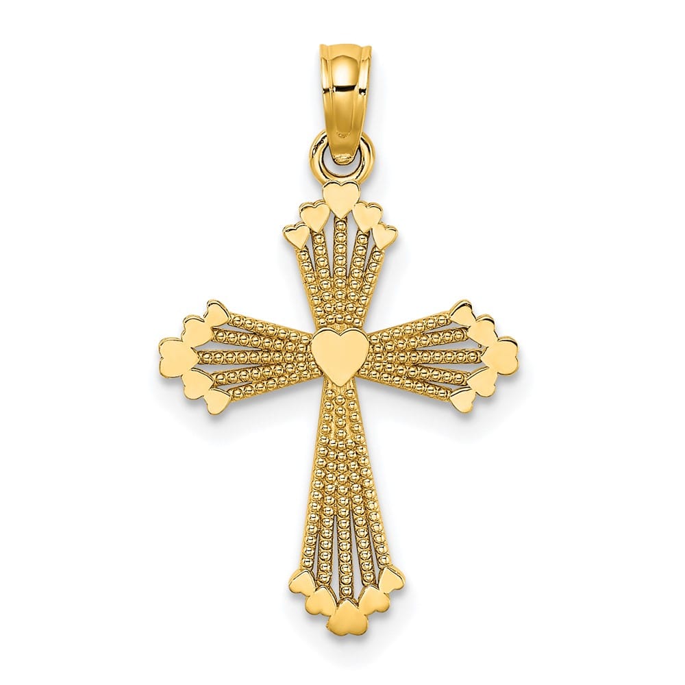 10K Yellow Gold Medium Cut-Out Stripes Cross with Heart Center Charm