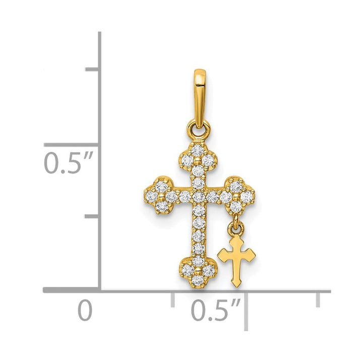 10K Yellow Gold Medium CZ Budded Cross with Cross Dangle Pendant