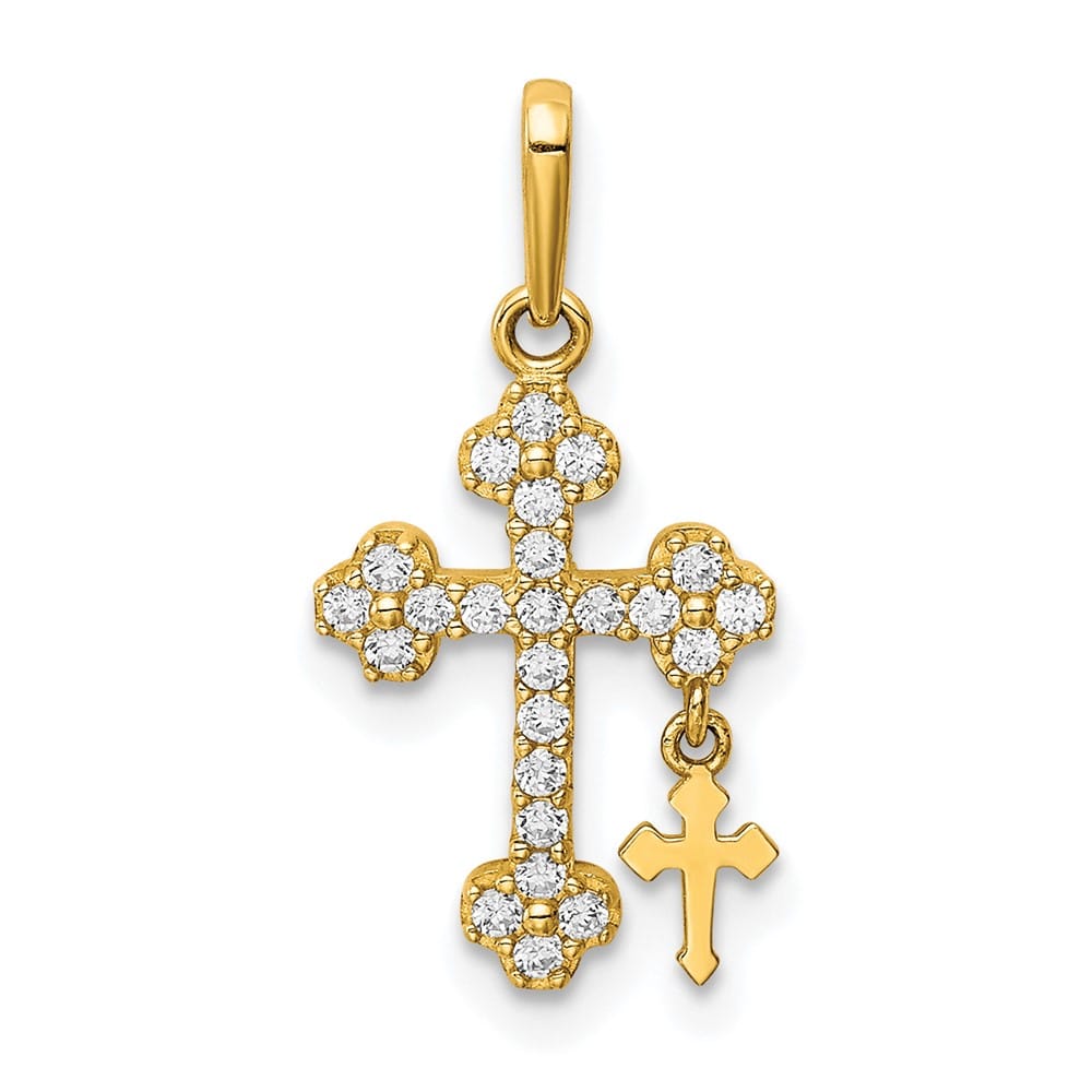 10K Yellow Gold Medium CZ Budded Cross with Cross Dangle Pendant