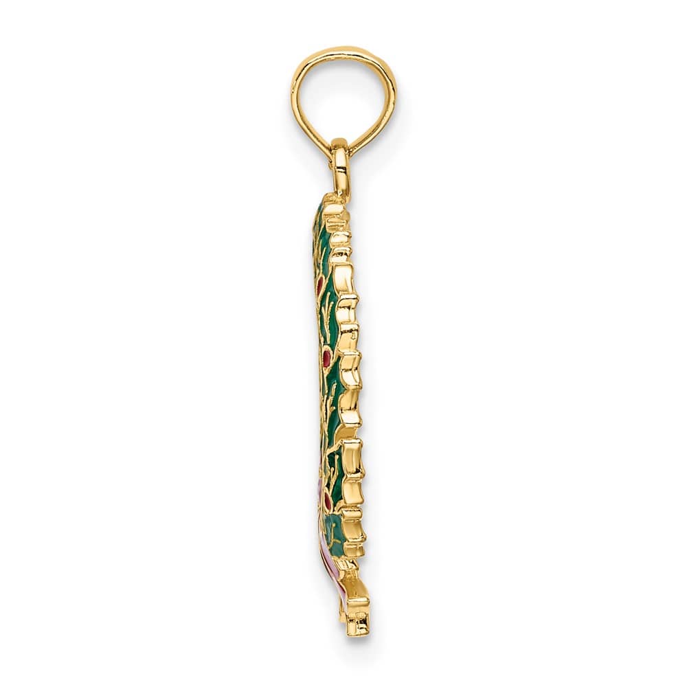 10K Yellow Gold Medium Green and Red Enamel Christmas Wreath Charm