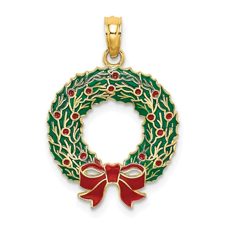 10K Yellow Gold Medium Green and Red Enamel Christmas Wreath Charm
