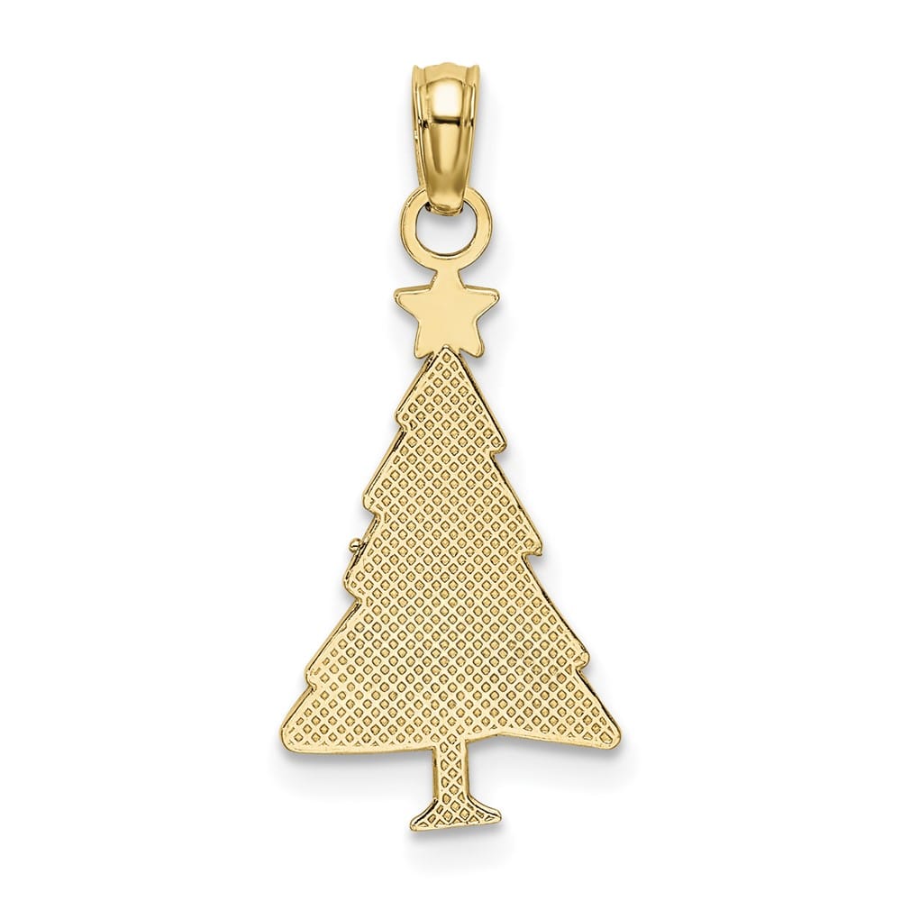 10K Yellow Gold Medium Green Enameled Christmas Tree with Red Charm