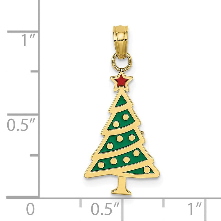 10K Yellow Gold Medium Green Enameled Christmas Tree with Red Charm