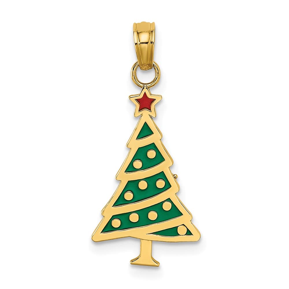 10K Yellow Gold Medium Green Enameled Christmas Tree with Red Charm