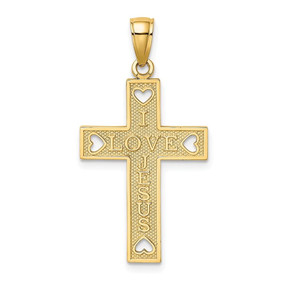 10K Yellow Gold Medium I Love Jesus Latin Cross with Hearts Charm