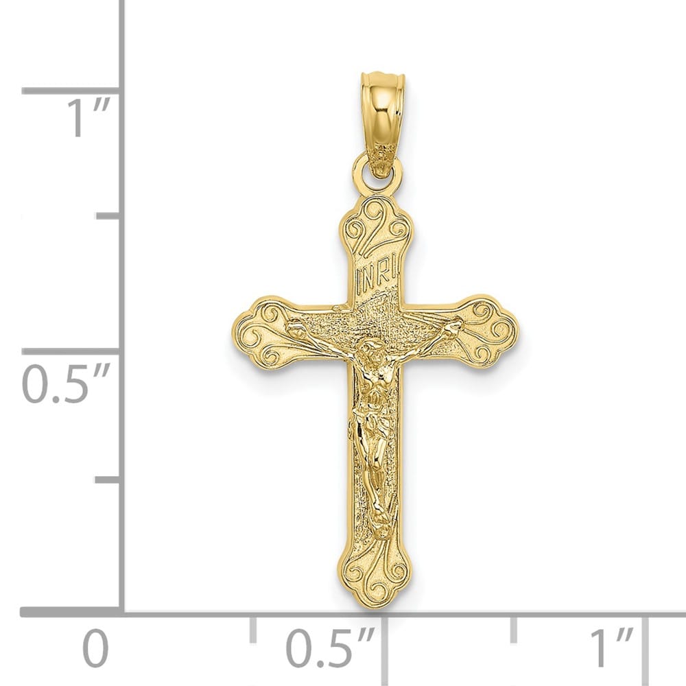 10K Yellow Gold Medium INRI Budded Crucifix with Scroll Tips Charm