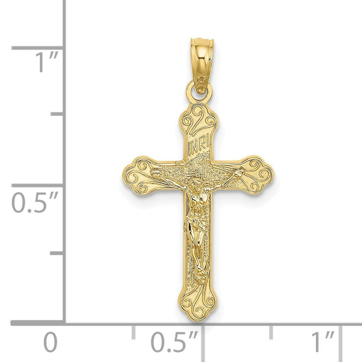 10K Yellow Gold Medium INRI Budded Crucifix with Scroll Tips Charm