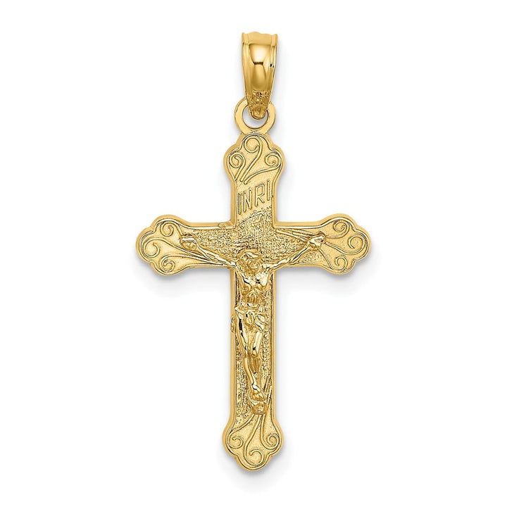 10K Yellow Gold Medium INRI Budded Crucifix with Scroll Tips Charm